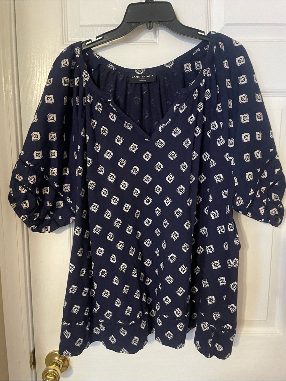 Lane Bryant Navy Geometric Print Peasant Blouse